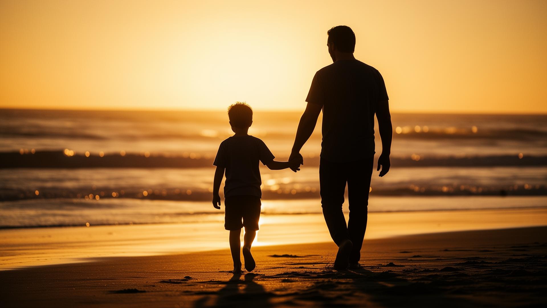Pai caminhando de mãos dadas com seu filho ao pôr do sol